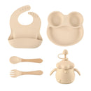 4PCS Silicone Children Tableware Baby Feeding Set Silicone Dinner Plate Wood Handle Spoon Fork Silicone Bibs BPA Free