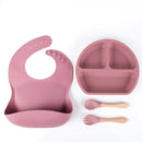 4PCS Silicone Children Tableware Baby Feeding Set Silicone Dinner Plate Wood Handle Spoon Fork Silicone Bibs BPA Free