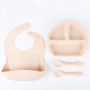 4PCS Silicone Children Tableware Baby Feeding Set Silicone Dinner Plate Wood Handle Spoon Fork Silicone Bibs BPA Free
