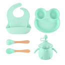 4PCS Silicone Children Tableware Baby Feeding Set Silicone Dinner Plate Wood Handle Spoon Fork Silicone Bibs BPA Free